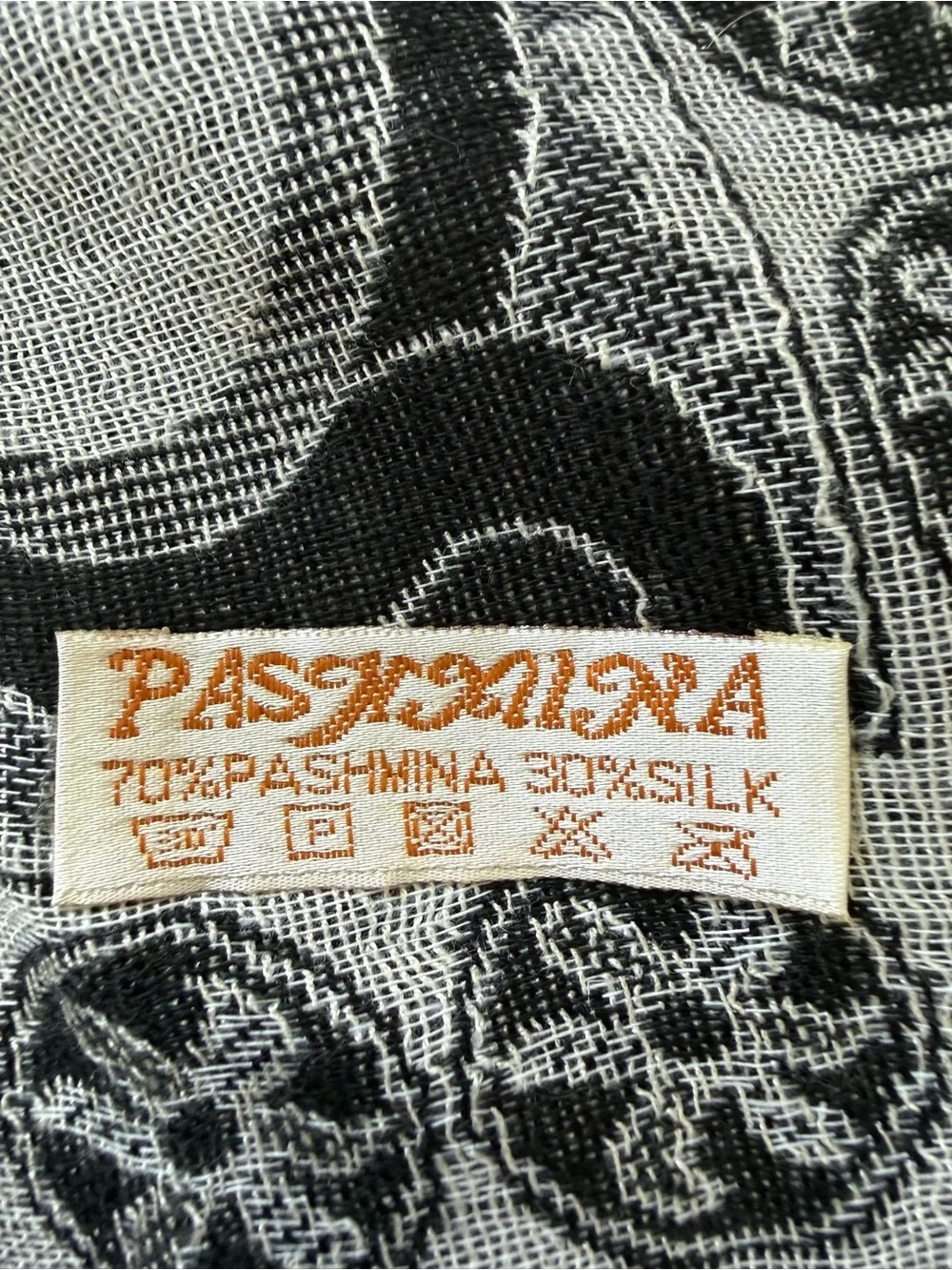 Pashmina Silk Blend Black & Gray Patterned Fringed Wrap Shawl Scarf